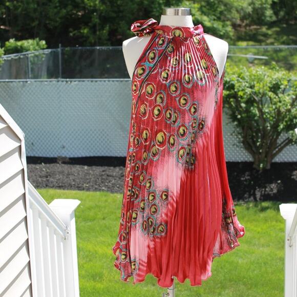 Women's Sleeveless Halter Trapeze Dress 100% Silk Pleated Size OS - Picture 1 of 14